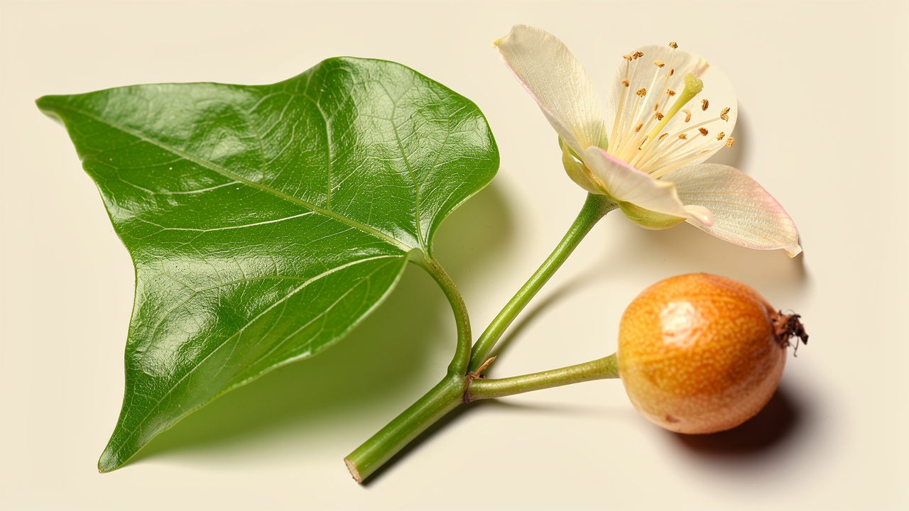 Composition botanique pédagogique présentant une feuille verte, une tige fine, une fleur délicate et un fruit mûr en gros plan sur un fond clair.
