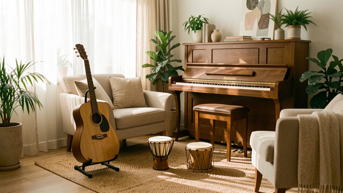 Plusieurs instruments de musique en bois sont disposés dans un salon lumineux et chaleureux, éclairé par une douce lumière naturelle.
