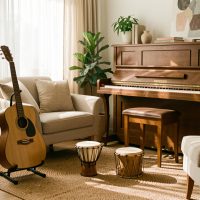 Choisir son premier instrument de musique selon ses envies et son budget Plusieurs instruments de musique en bois sont disposés dans un salon lumineux et chaleureux, éclairé par une douce lumière naturelle.