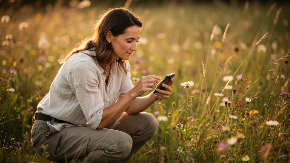 Une femme photographie une fleur sauvage avec son smartphone dans une prairie détaillée baignée de lumière naturelle.