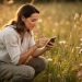 Une femme photographie une fleur sauvage avec son smartphone dans une prairie détaillée baignée de lumière naturelle.