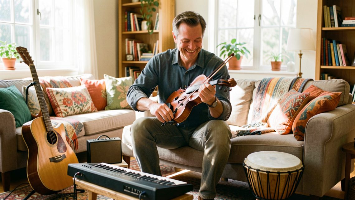 Un homme adulte souriant essaie plusieurs instruments de musique dans un salon lumineux à l’ambiance créative et chaleureuse.