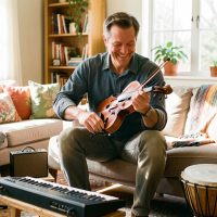 Quel instrument de musique apprendre à l’âge adulte selon son rythme ? Un homme adulte souriant essaie plusieurs instruments de musique dans un salon lumineux à l’ambiance créative et chaleureuse.