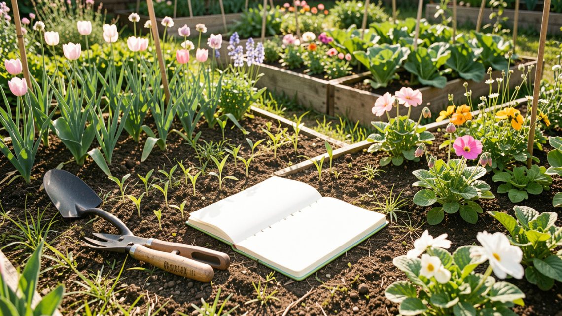 Jardin familial lumineux au printemps avec outils de jardinage, jeunes plantations, carnet d’observation vierge et massifs de fleurs variés.