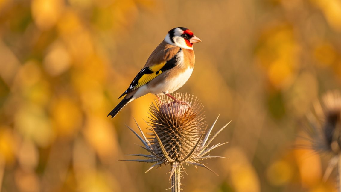 Chardonneret élégant posé sur une tête de chardon sèche dans un jardin aux feuillages dorés, éclairé par la douce lumière du matin.
