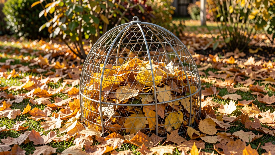 Petit jardin d’automne lumineux avec une cage en grillage galvanisé remplie de feuilles mortes dorées, entourée de feuilles au sol.