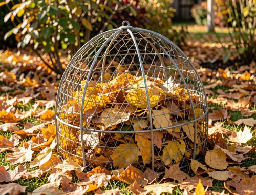 Petit jardin d’automne lumineux avec une cage en grillage galvanisé remplie de feuilles mortes dorées, entourée de feuilles au sol.