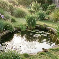 Quels aménagements choisir pour accueillir grenouilles et crapauds protégés au jardin ? Petit jardin naturel avec une mare aux formes libres, bordée d’iris et de joncs, où une grenouille se tient discrètement au bord de l’eau dans la douce lumière du matin.
