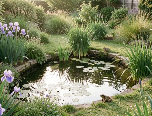 Petit jardin naturel avec une mare aux formes libres, bordée d’iris et de joncs, où une grenouille se tient discrètement au bord de l’eau dans la douce lumière du matin.