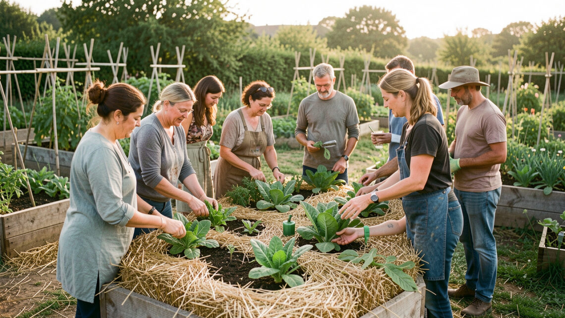 Groupe de femmes et d’hommes participant à un atelier de jardinage autour de planches de légumes paillées dans un jardin naturel de Puygiron, sous une douce lumière matinale.
