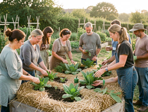 Groupe de femmes et d’hommes participant à un atelier de jardinage autour de planches de légumes paillées dans un jardin naturel de Puygiron, sous une douce lumière matinale.