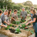 Groupe de femmes et d’hommes participant à un atelier de jardinage autour de planches de légumes paillées dans un jardin naturel de Puygiron, sous une douce lumière matinale.