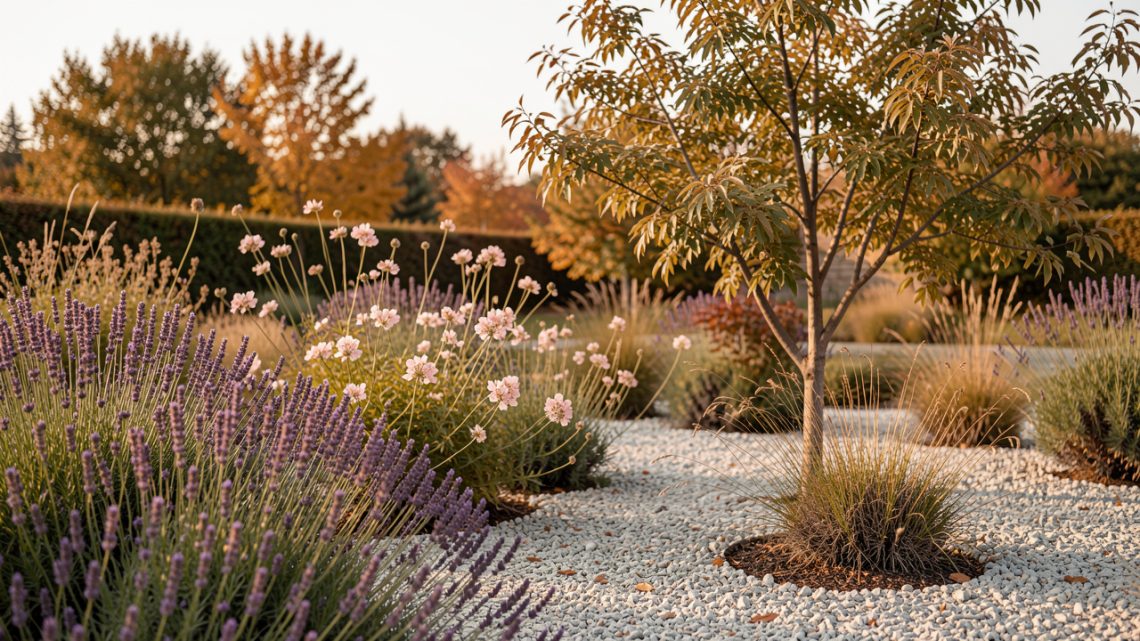 Jardin sec en automne composé de lavande, de gaura fleuri, de paillage minéral et d’un jeune arbre de Judée, baigné par une douce lumière d’octobre.