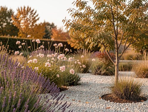Jardin sec en automne composé de lavande, de gaura fleuri, de paillage minéral et d’un jeune arbre de Judée, baigné par une douce lumière d’octobre.