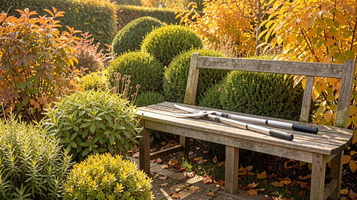 Jardin d’automne lumineux avec des vivaces rabattues et des outils de taille posés sur un banc en bois.