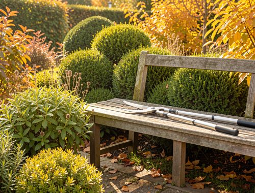 Jardin d’automne lumineux avec des vivaces rabattues et des outils de taille posés sur un banc en bois.