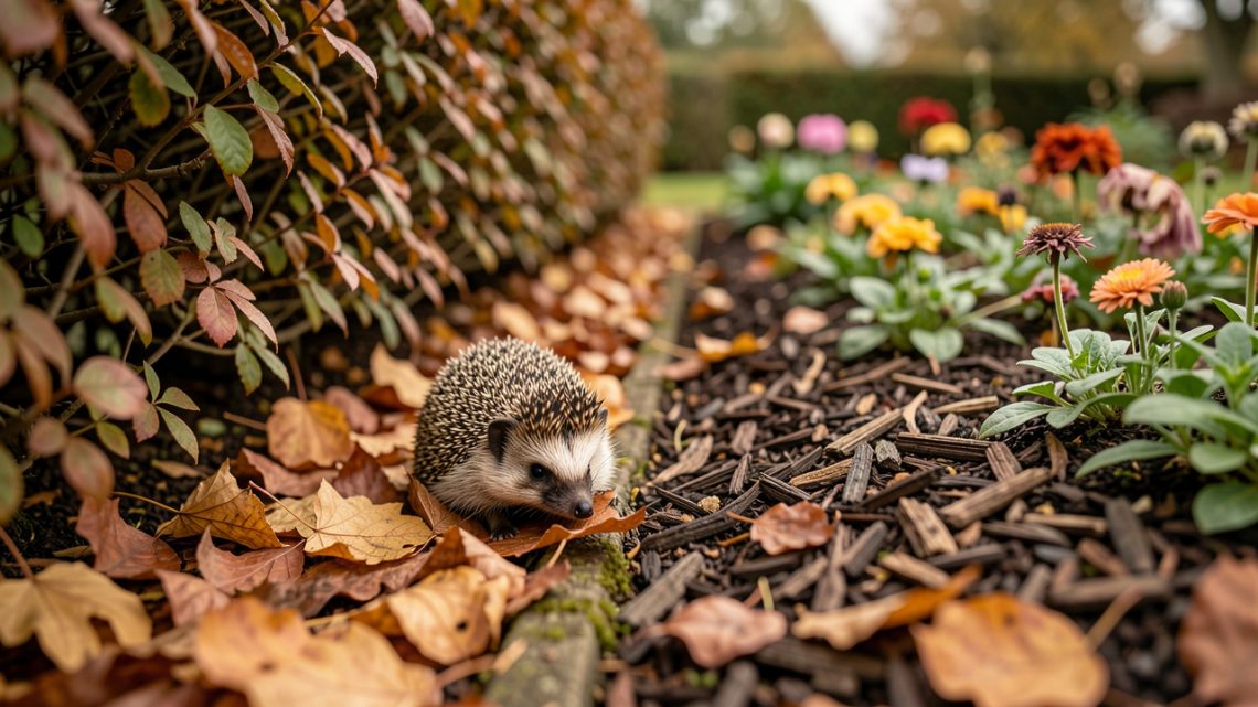 Un hérisson discret avance sur des feuilles mortes sous une haie, près d’un massif paillé dans un jardin familial baigné de lumière douce automnale.