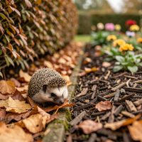 Quels gestes choisir pour préserver sol et biodiversité au jardin en automne ? Un hérisson discret avance sur des feuilles mortes sous une haie, près d’un massif paillé dans un jardin familial baigné de lumière douce automnale.