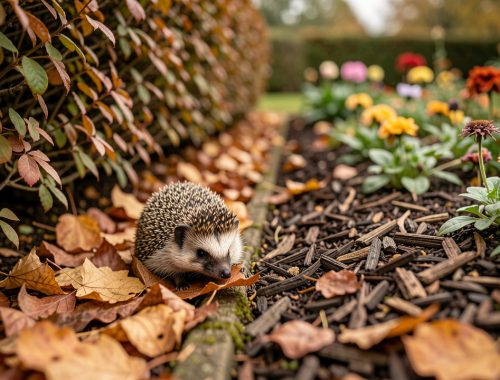 Un hérisson discret avance sur des feuilles mortes sous une haie, près d’un massif paillé dans un jardin familial baigné de lumière douce automnale.